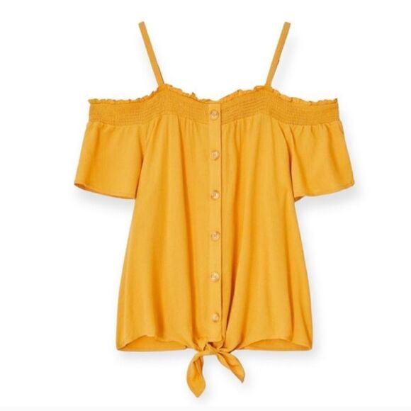 Torrid Crepe Tie-Front Smocked Sleeveless Cold Shoulder Top Golden Glow Yellow 2 - Picture 1 of 6